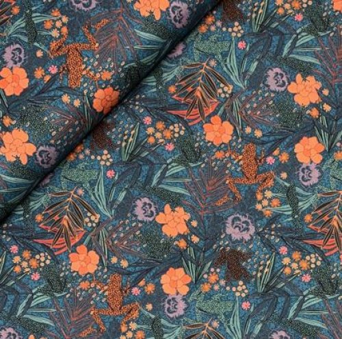 Baumwollwebware - Flowers and Frogs - jeans