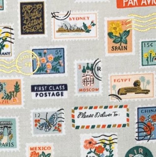 Baumwolle - Bon Voyage - Postage Stamps - flax - metallic - by Rifle Paper Co.