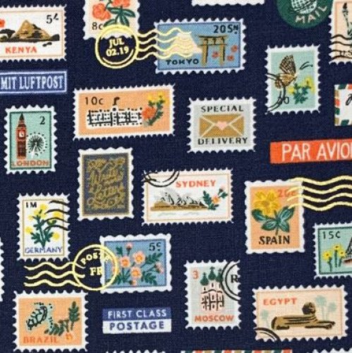 Baumwolle - Bon Voyage - Postage Stamps - navy - metallic - by Rifle Paper Co.