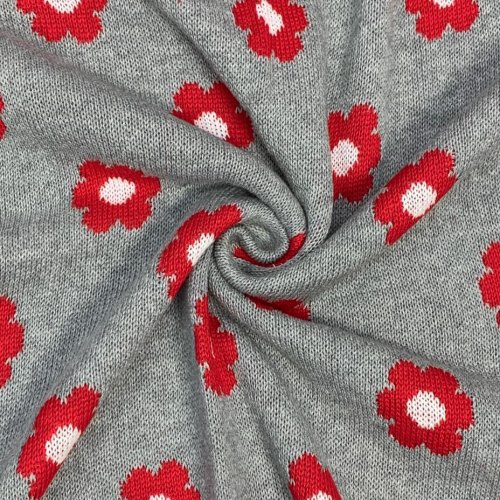 B-WARE !!! - Strickstoff - Blumen - grau/rot