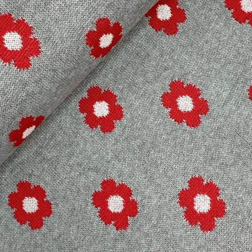 B-WARE !!! - Strickstoff - Blumen - grau/rot