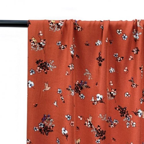 Viskose Twill - Birds & Flowers - rost