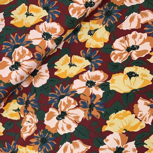 Viskose Twill - Flower Cloris - bordeaux/gelb