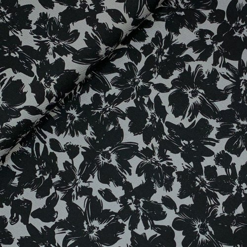 Viskose Twill - Black Flowers Morticia - grey