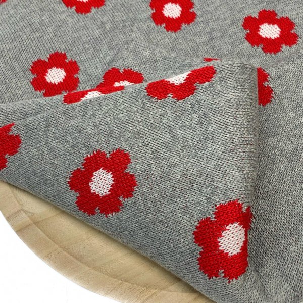 B-WARE !!! - Strickstoff - Blumen - grau/rot