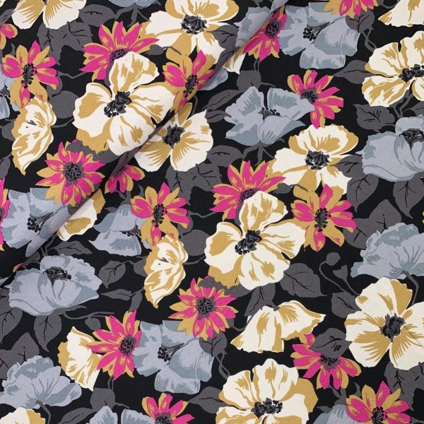 Viskose Twill - Flower Cloris - schwarz/grau