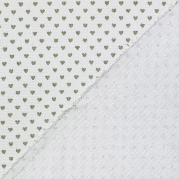 Waffelpique - Herzen - Frottee Rückseite - weiß mit Herz grün